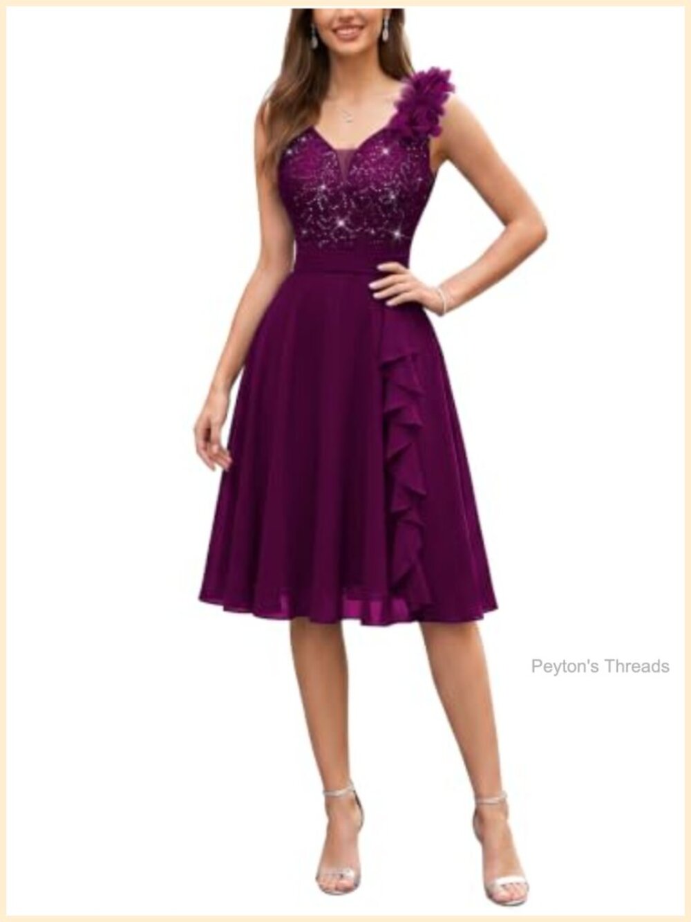 Sequin V-Neck Sleeveless Floral Ruffle A-Line Cocktail Party Dress